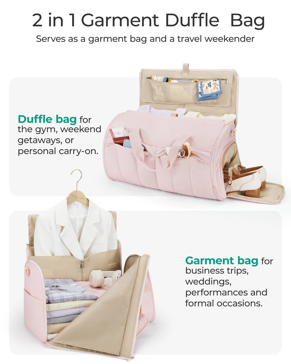 2 in 1  Travel Garment  Bag -Wrinkle - free Carry - On with Shoe Comparttrament