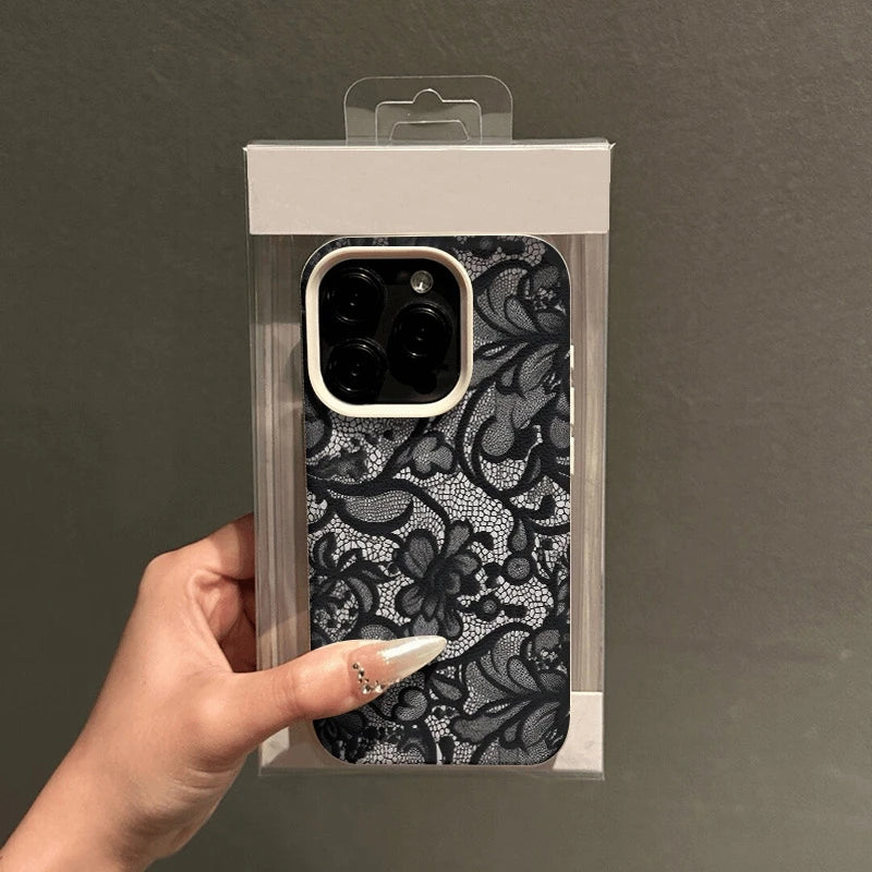 Elegant Lace iPhone Case- Aesthetic Black Floral Cover Slim & Protective